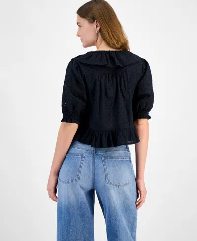 And Now This Petite Ruffled-front Clip-dot Cotton Top, Exclusively At Macy's In Black