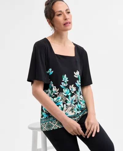 Jm Collection Plus Size Printed Square-neck Short-sleeve Top, Exclusively At Macy's In Multi