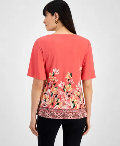 Jm Collection Plus Size Printed Square-neck Short-sleeve Top, Exclusively At Macy's In Pink