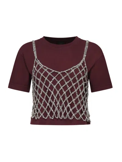 Pinko Cotton Cropped T-shirt In Burgundy