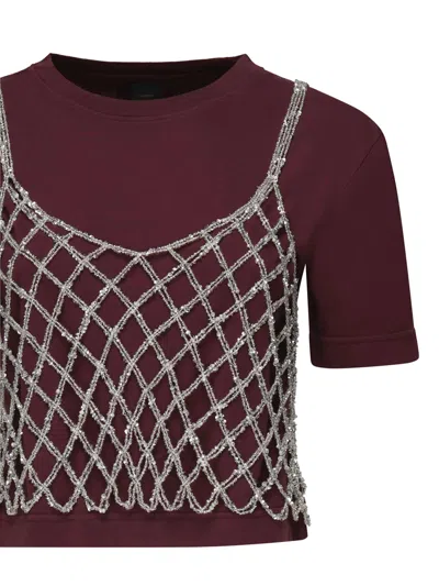 Pinko Cotton Cropped T-shirt In Burgundy