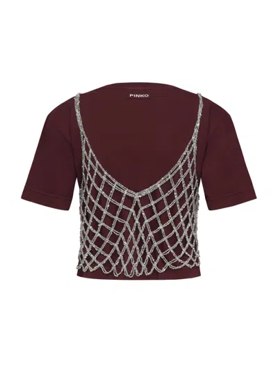 Pinko Cotton Cropped T-shirt In Burgundy