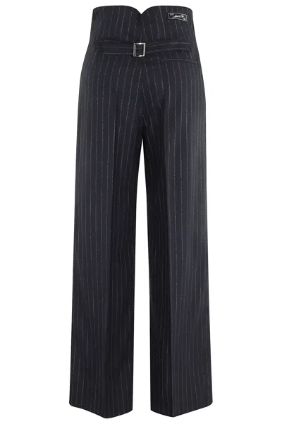 Erika Cavallini High-waisted Pinstripe Trousers With Back Belt Detail In Blue