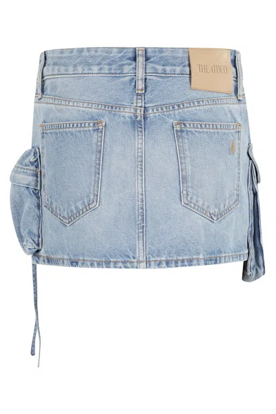 Attico Denim Mini Skirt With Pockets And Stitching In Blue