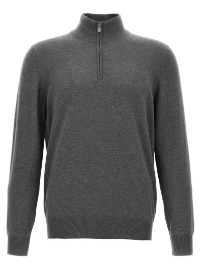 Brunello Cucinelli Half-zip High Collar Ribbed Sweater In Gray