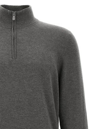 Brunello Cucinelli Half-zip High Collar Ribbed Sweater In Gray