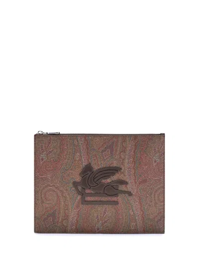 Etro Logo-patch Paisley-pattern Pouch In Brown