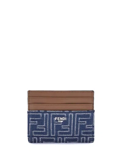 Fendi Jacquard Ff Fabric Cardholder With Denim Effect In Blue