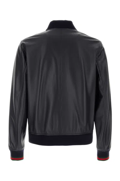 Gucci Signature Web Leather Bomber Jacket In Blue
