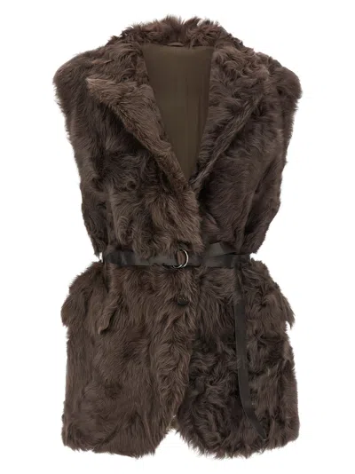 Brunello Cucinelli Capretta Lamb Shearling Belted Vest In Brown