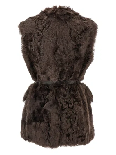 Brunello Cucinelli Capretta Lamb Shearling Belted Vest In Brown
