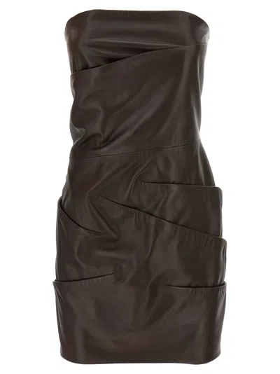 Attico Strapless Leather Dress With Layered Textured Finish In Brown