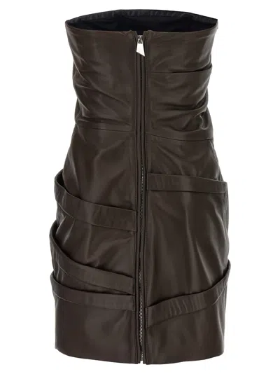 Attico Strapless Leather Dress With Layered Textured Finish In Brown