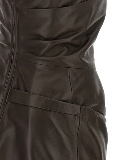 Attico Strapless Leather Dress With Layered Textured Finish In Brown