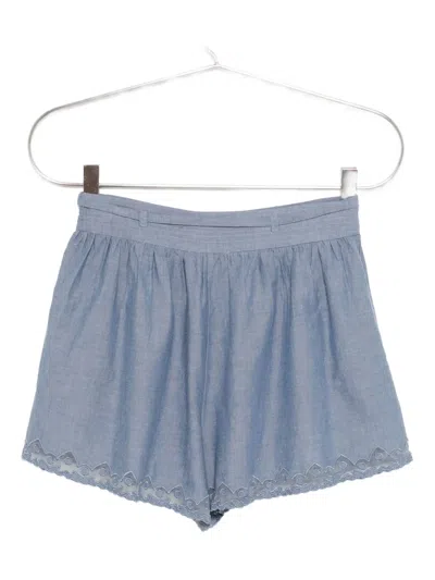 Ulla Johnson Elowen Belted Tulle-trimmed Embroidered Cotton-chambray Shorts In Blue