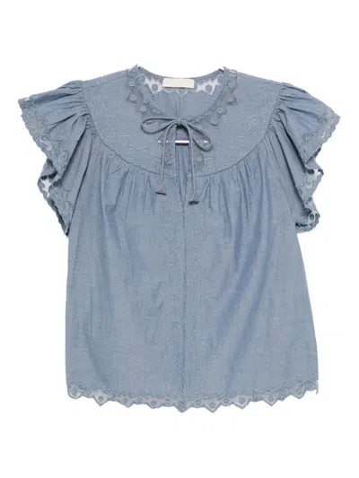 Ulla Johnson Effie Embroidered Mesh-trimmed Cotton-chambray Blouse In Blue