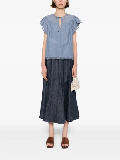 Ulla Johnson Effie Embroidered Mesh-trimmed Cotton-chambray Blouse In Blue