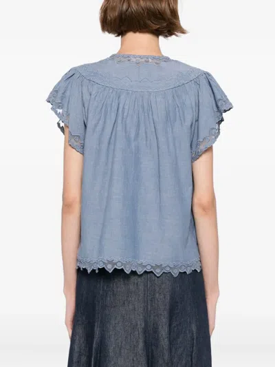 Ulla Johnson Effie Embroidered Mesh-trimmed Cotton-chambray Blouse In Blue