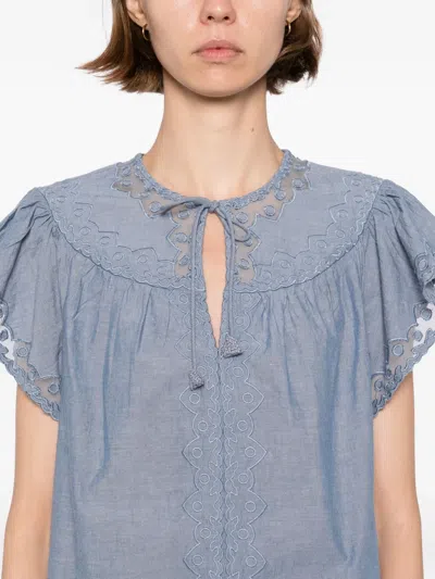 Ulla Johnson Effie Embroidered Mesh-trimmed Cotton-chambray Blouse In Blue