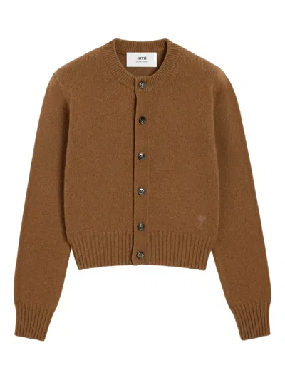 Ami Alexandre Mattiussi Ami Cropped Brown Wool Cardigan With Crew Neck And Ami De Coeur Embroidery In Brown