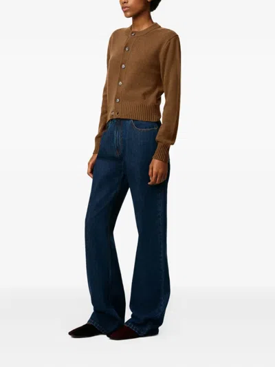 Ami Alexandre Mattiussi Ami Cropped Brown Wool Cardigan With Crew Neck And Ami De Coeur Embroidery In Brown