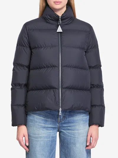 Moncler Puffer Jacket With High Collar And Pockets In Blue
