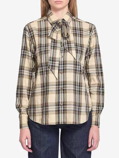 Saint Laurent Pussy-bow Checked Cotton-blend Shirt In Brown