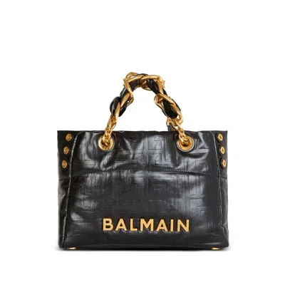 Balmain Black Leather Shopping Bag With Gold Details In Black