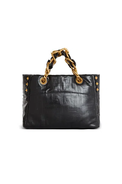 Balmain Black Leather Shopping Bag With Gold Details In Black