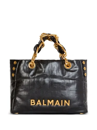 Balmain Black Leather Shopping Bag With Gold Details In Black