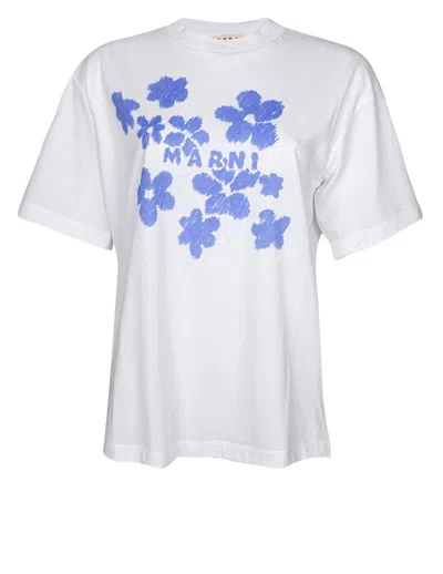 Marni Tee With Logo Floral Print In White