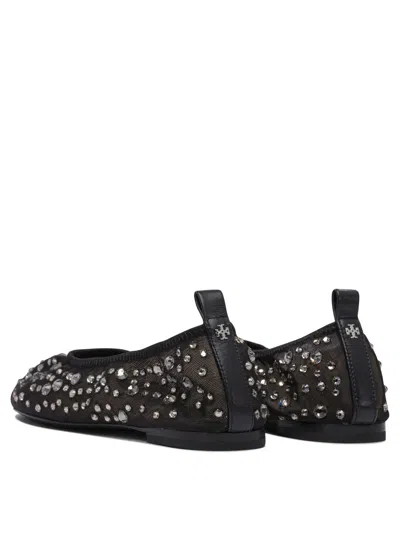 Tory Burch Black Ballet Flats With All-over Crystals Application In Tech Fabric Woman In Black