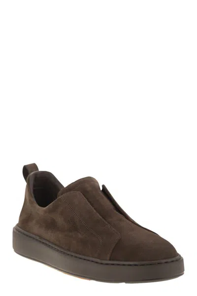 Santoni Suede Slip-on Trainer In Brown