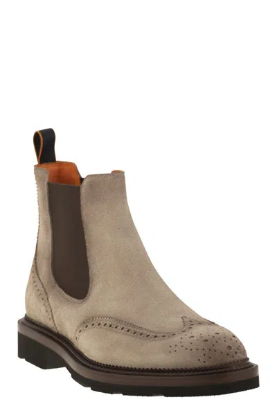 Santoni Men Chelsea Brogue Suede Ankle Boot In Brown