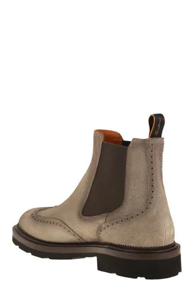 Santoni Men Chelsea Brogue Suede Ankle Boot In Brown