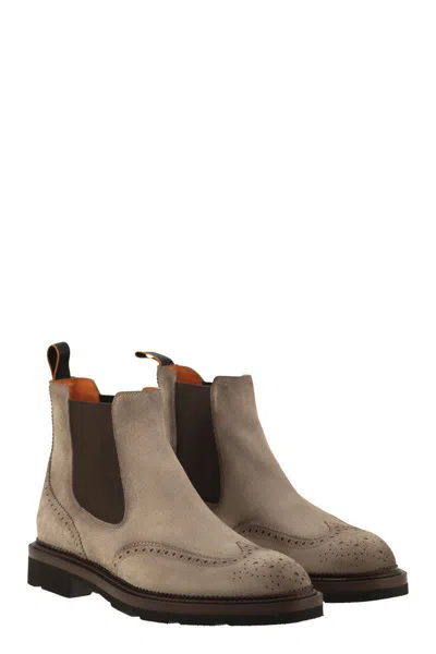 Santoni Men Chelsea Brogue Suede Ankle Boot In Brown