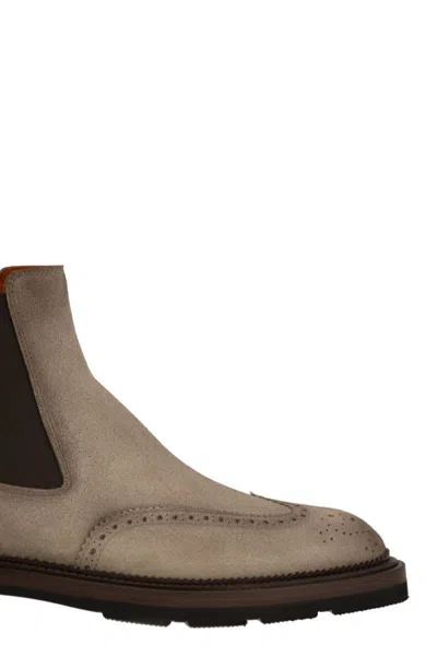 Santoni Men Chelsea Brogue Suede Ankle Boot In Brown
