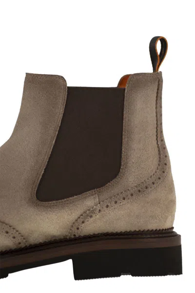 Santoni Men Chelsea Brogue Suede Ankle Boot In Brown