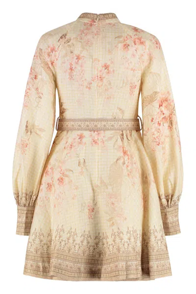 Zimmermann Illuminate Beige Mini Dress With Belted Waist And All-over Floral Print In Linen Woman In Multi