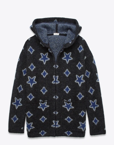 Saint Laurent Oversized Hooded Cardigan In Black, Blue And Ivory Star Woven Mohair And Nylon Jacquard