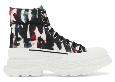 Pre-owned Alexander Mcqueen Men's  Tread Slick Quilted Boot Watercolor Graffiti Sneakers In White