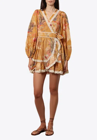 Zimmermann Ascension Lace-trimmed Tiered Printed Cotton-voile Mini Wrap Dress
