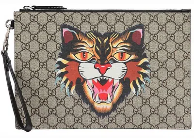 Pre-owned Gucci Women's  Pouch Gg Supreme Angry Cat In Beige/ebony/black In Multi