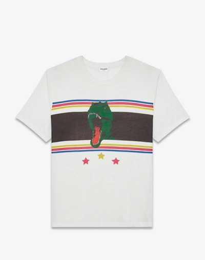 Saint Laurent Short Sleeve T-rex T-shirt In Ivory And Multicolor Printed Cotton Jersey In White/multi