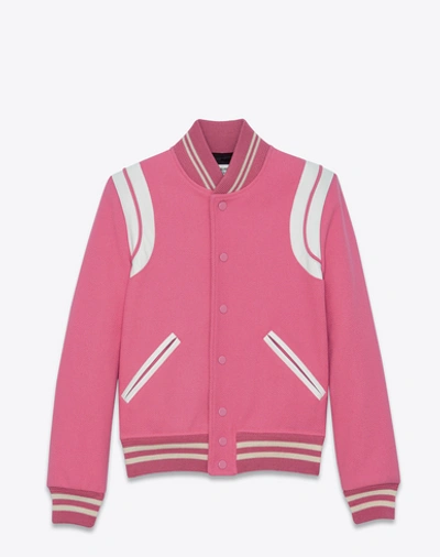 Saint Laurent Teddy Jacket In Rose Virgin Wool And Polyamide And White Leather In Piek