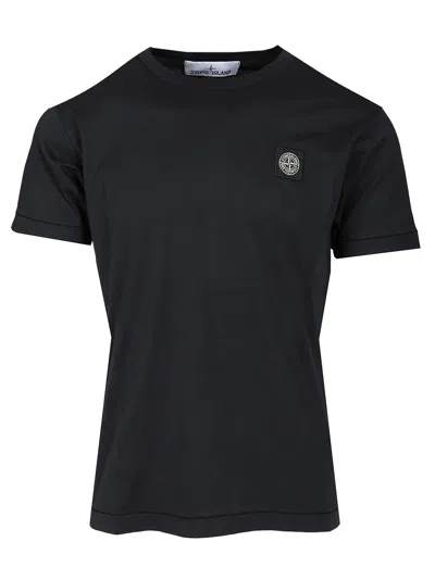 Stone Island Navy Blue Cotton T-shirt With Logo Patch In Black
