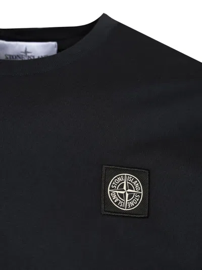 Stone Island Navy Blue Cotton T-shirt With Logo Patch In Black