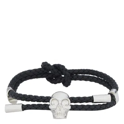 Alexander Mcqueen Skull Braided Leather Cord Bracelet Accessories In Black