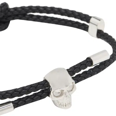 Alexander Mcqueen Skull Braided Leather Cord Bracelet Accessories In Black