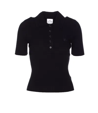 Courrèges Ribbed Short-sleeved Polo Shirt With Buttoned Placket In Black